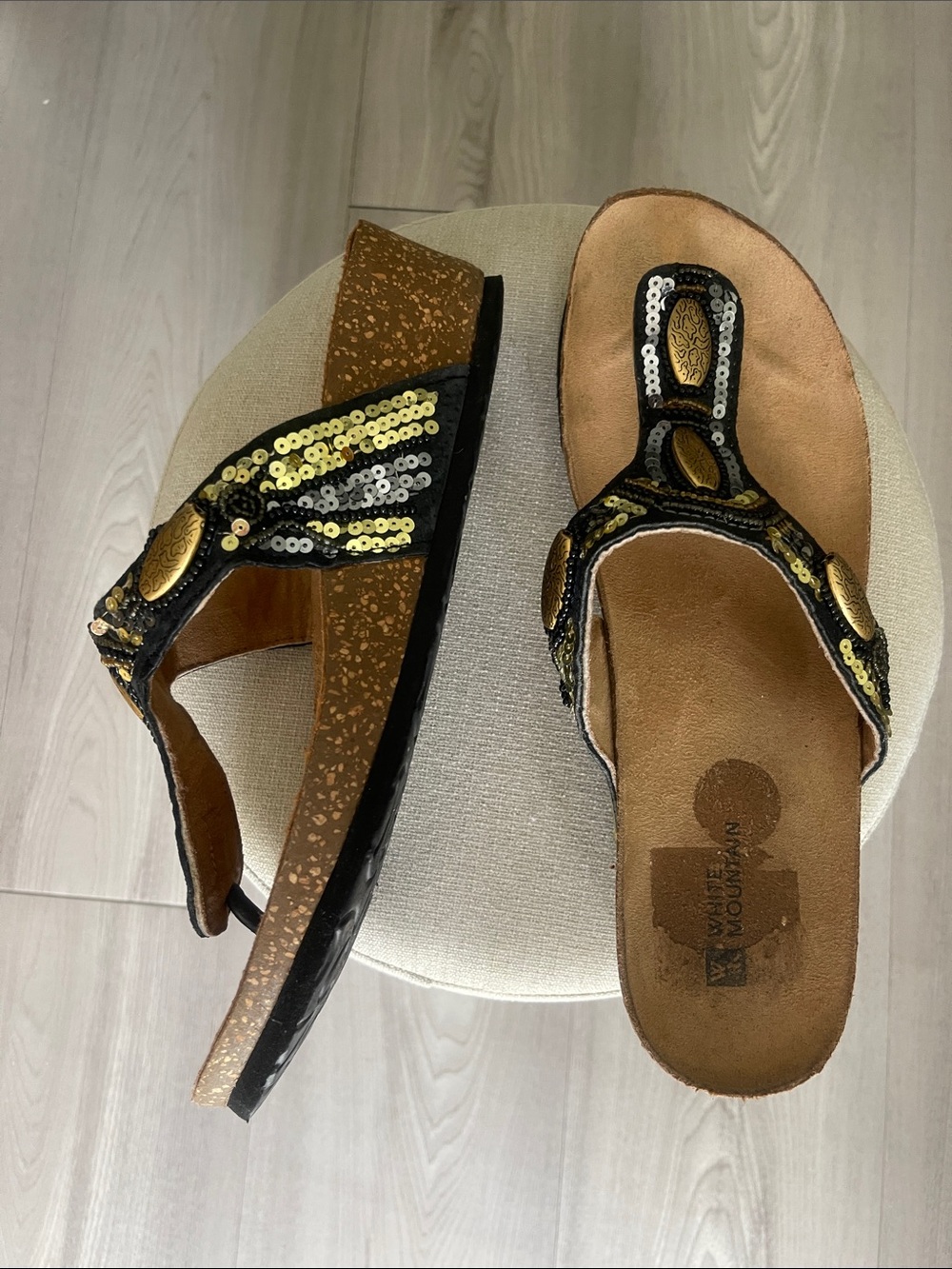 White Mountain Black and Gold Sequin Wedge Sandals